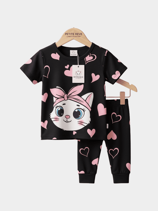 Girls Cat T-shirt And Long Pant Set (6 - 12yrs) - ChildrenGoods