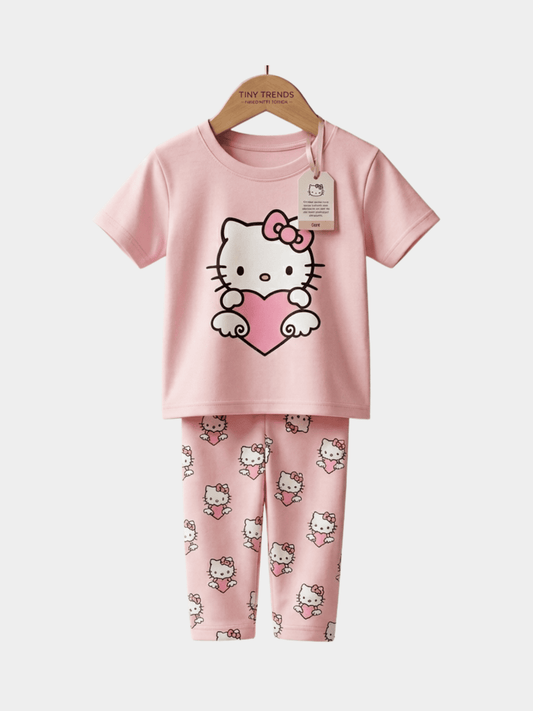 Girls Cat T-shirt And Long Pant Set (6 - 12yrs) - ChildrenGoods