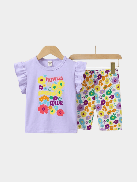Girls Flowers Purple T-shirt And Shorts Set - ChildrenGoods