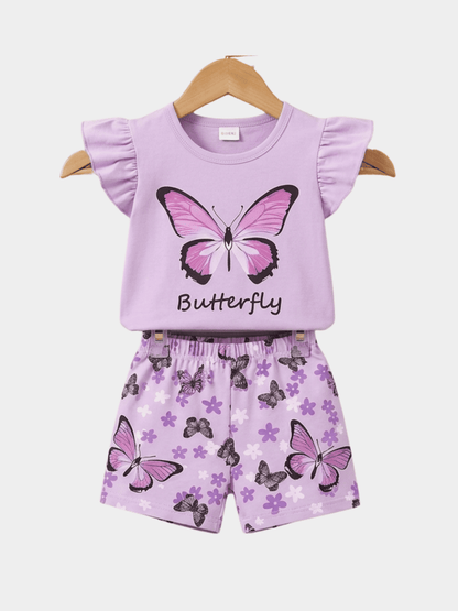 Girls Flowers Purple T-shirt And Shorts Set - ChildrenGoods