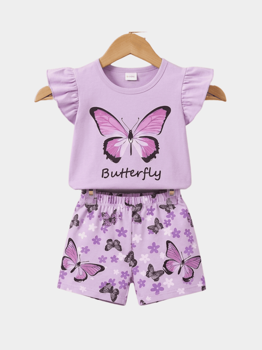 Girls Flowers Purple T-shirt And Shorts Set - ChildrenGoods