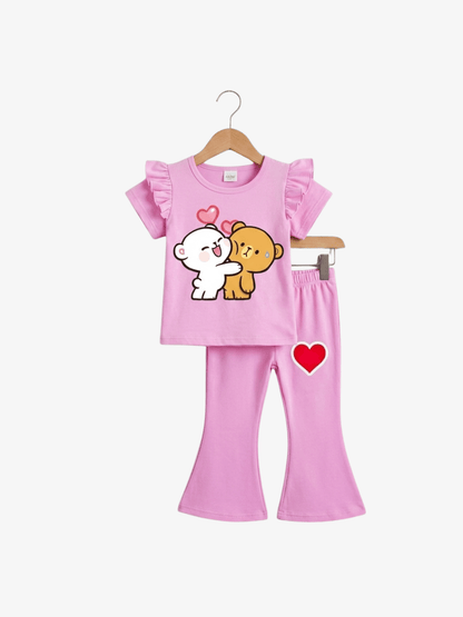 Girls Pink "I Love You Mom & Dad" Flutter Sleeve Bell - Bottom Set - ChildrenGoods