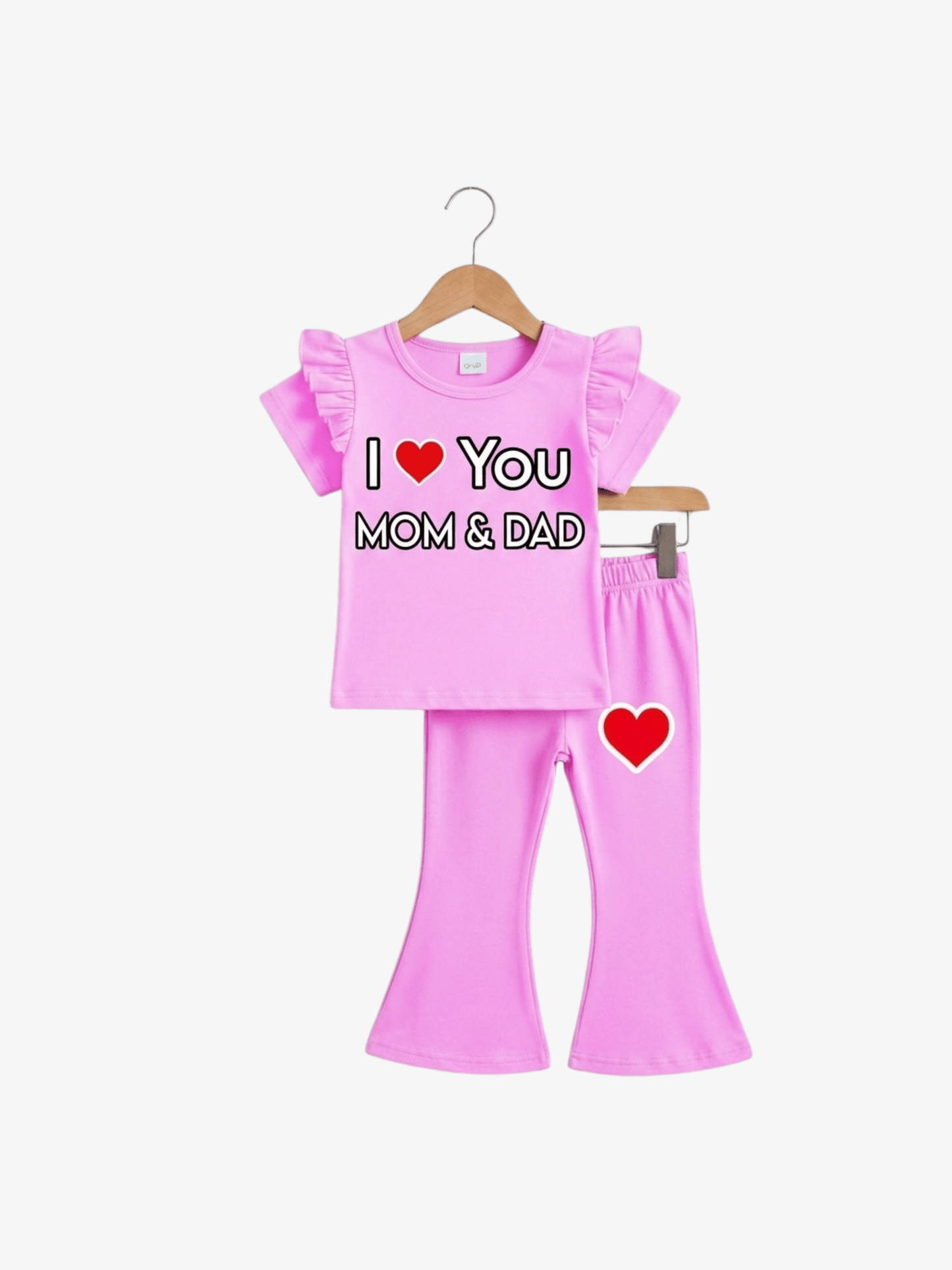 Girls Pink "I Love You Mom & Dad" Flutter Sleeve Bell - Bottom Set - ChildrenGoods