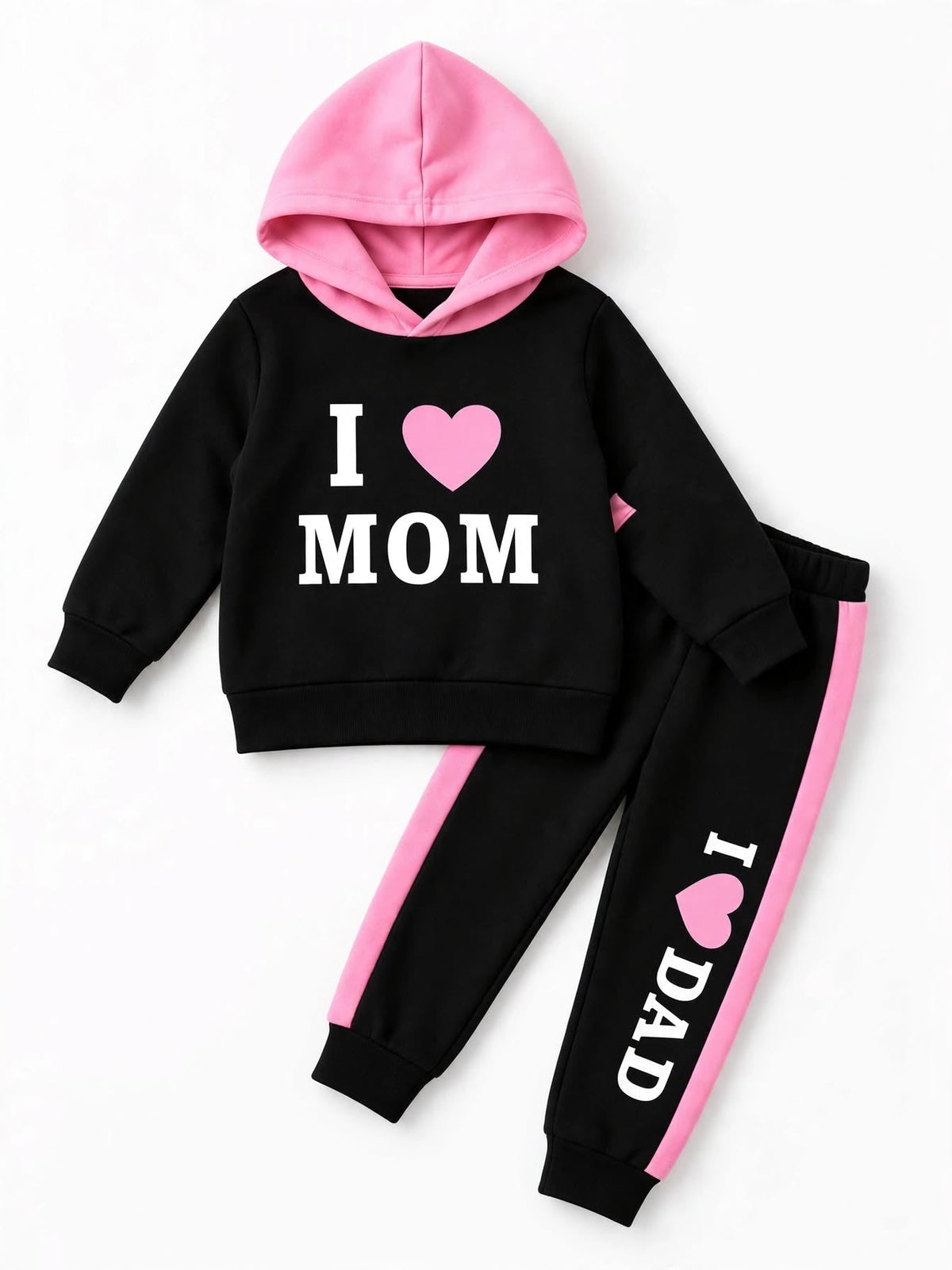 I Love Mom black and pink hooded sweatshirt and jogger set for kids