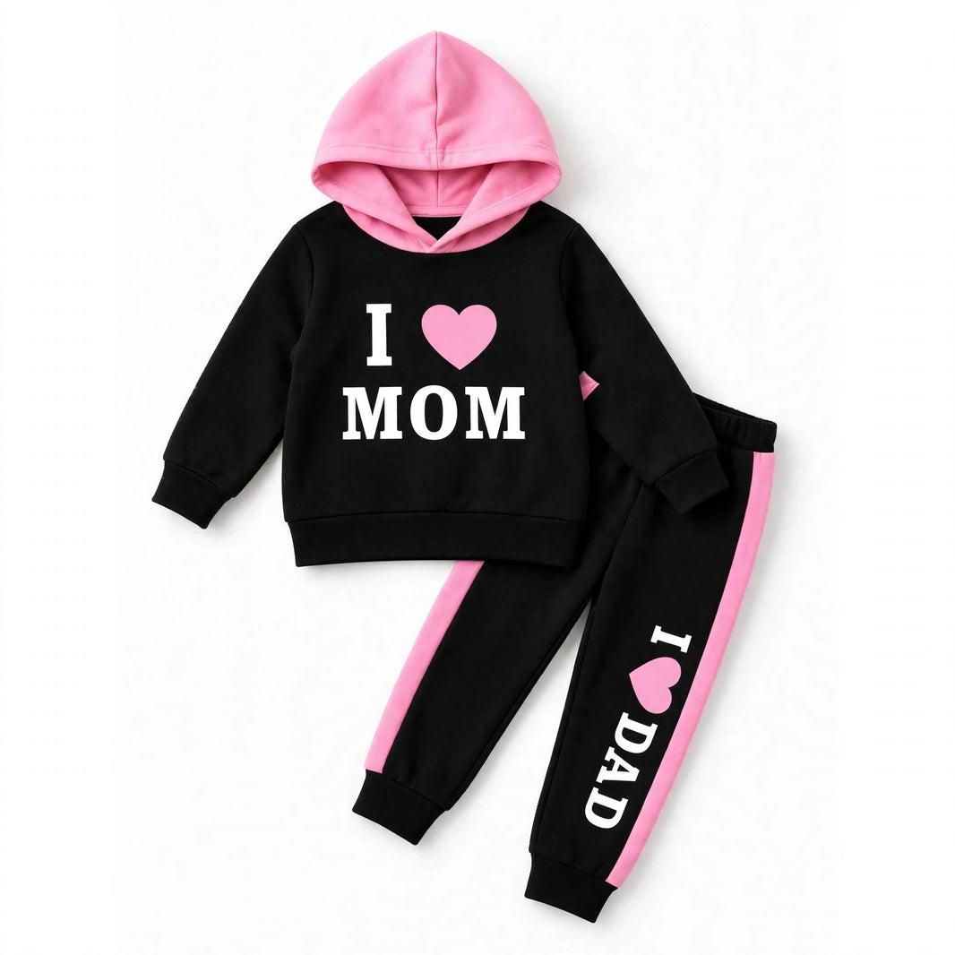 I Love Mom Hooded Sweatshirt & Jogger Set – Black/Pink