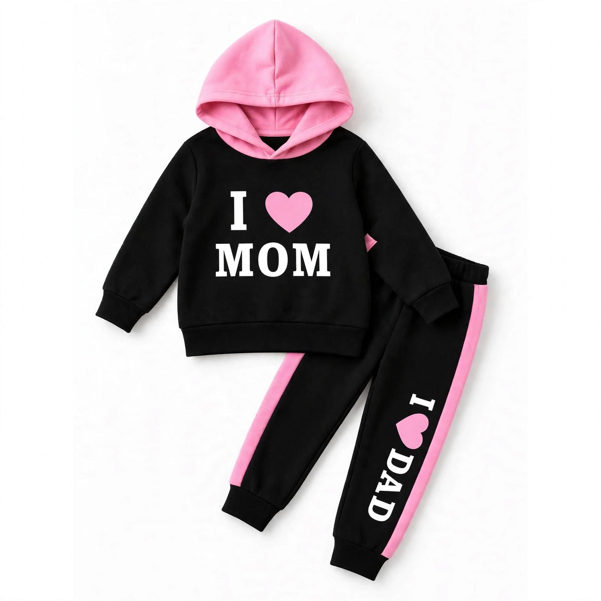 I Love Mom Hooded Sweatshirt & Jogger Set – Black/Pink