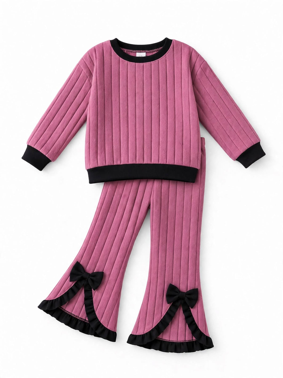 Dusty pink ribbed sweatshirt and bow flare pant set for girls