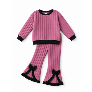 Ribbed Sweatshirt & Bow Flare Pant Set – Dusty Pink
