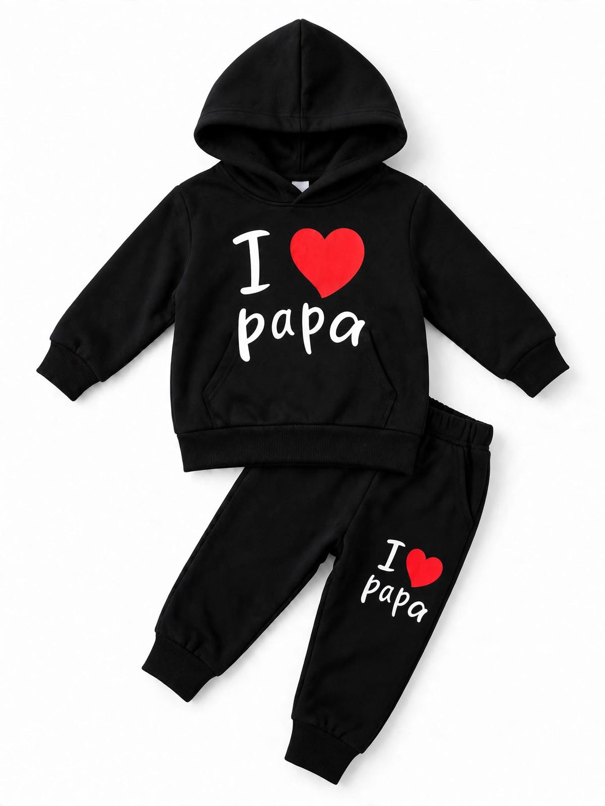 Black I Love Papa hooded sweatshirt and jogger set for kids