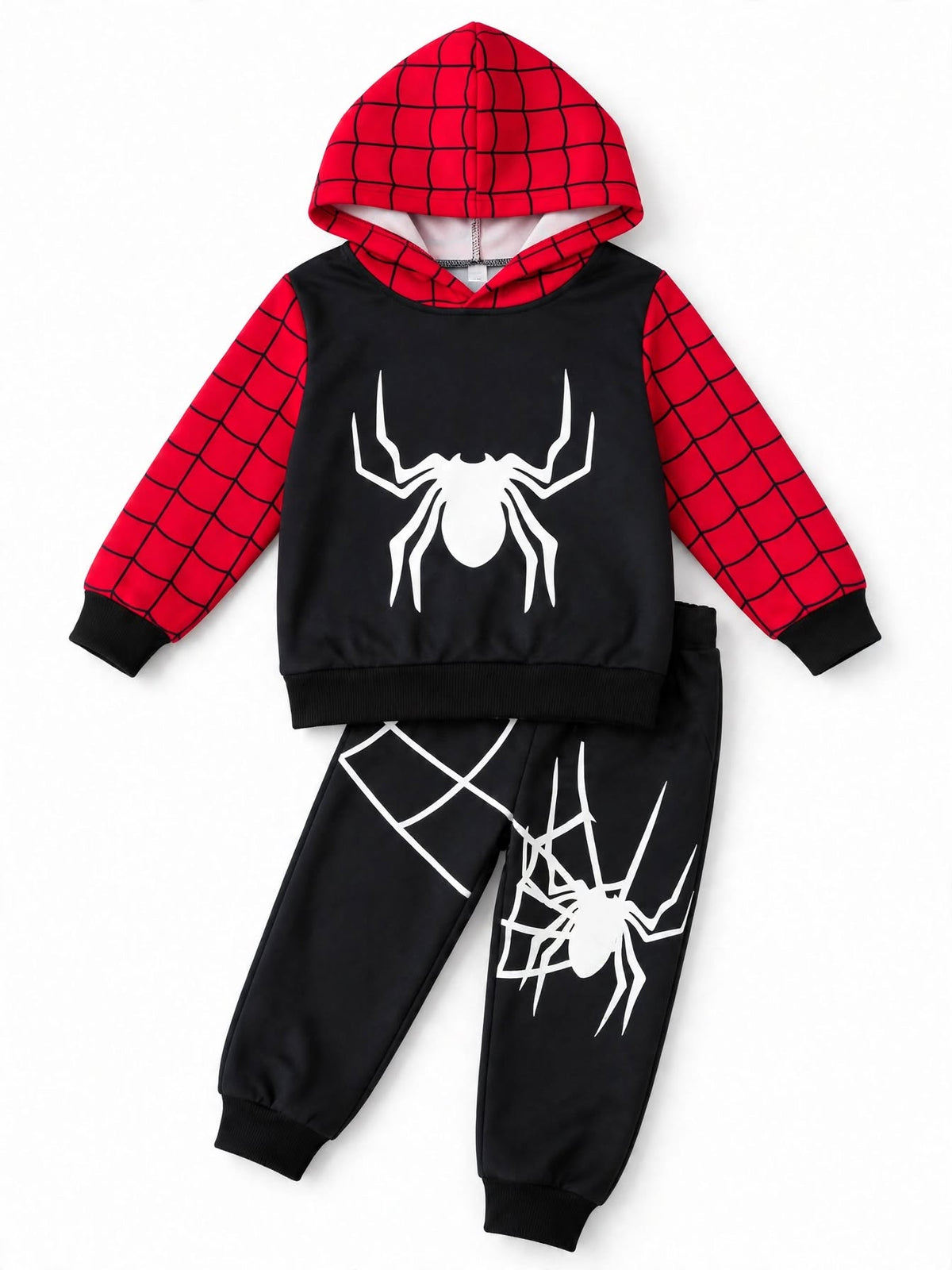 Red and black spider web hooded sweatshirt and jogger set for boys