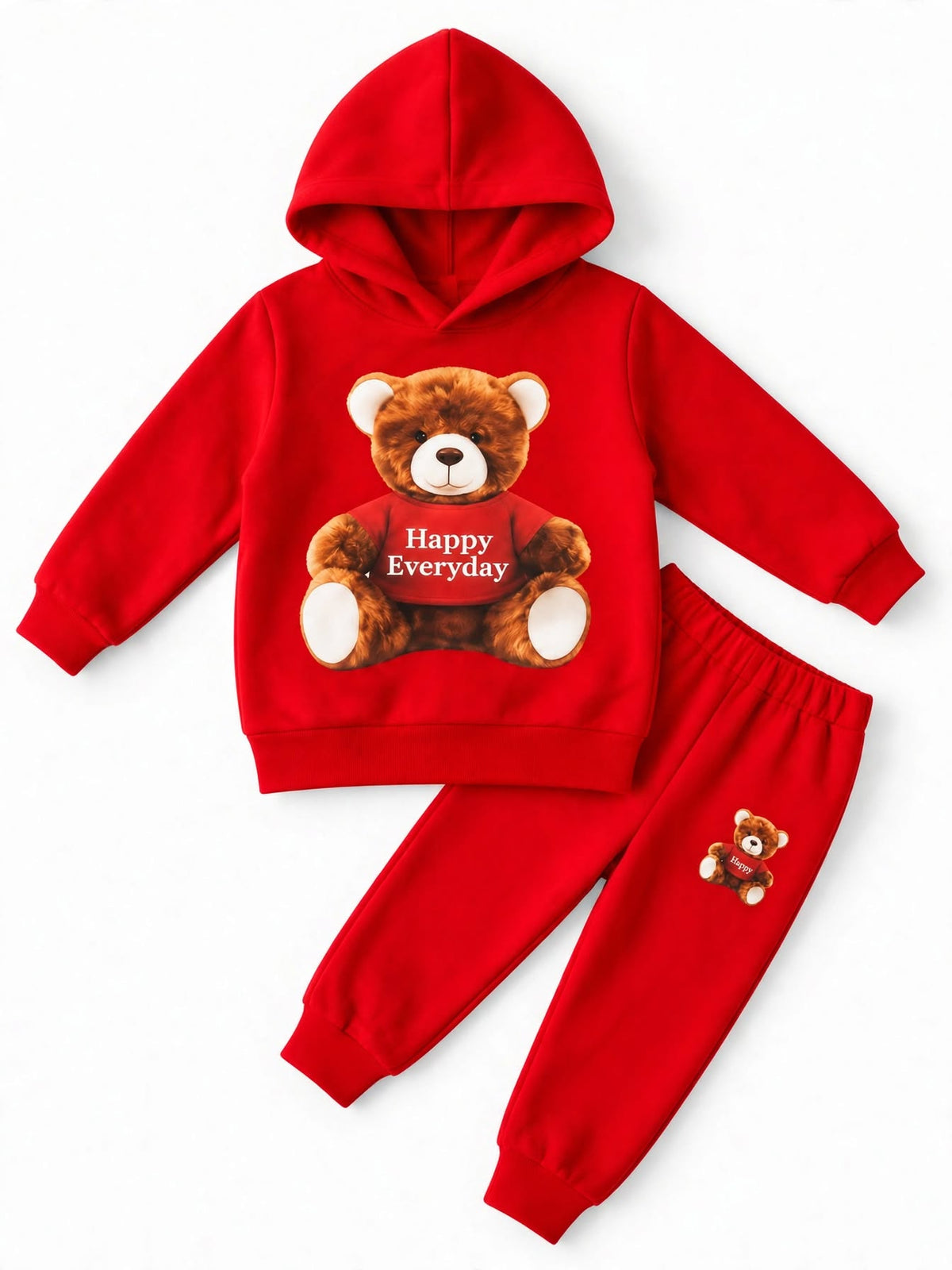 Red teddy bear Happy Everyday hoodie and jogger set for kids
