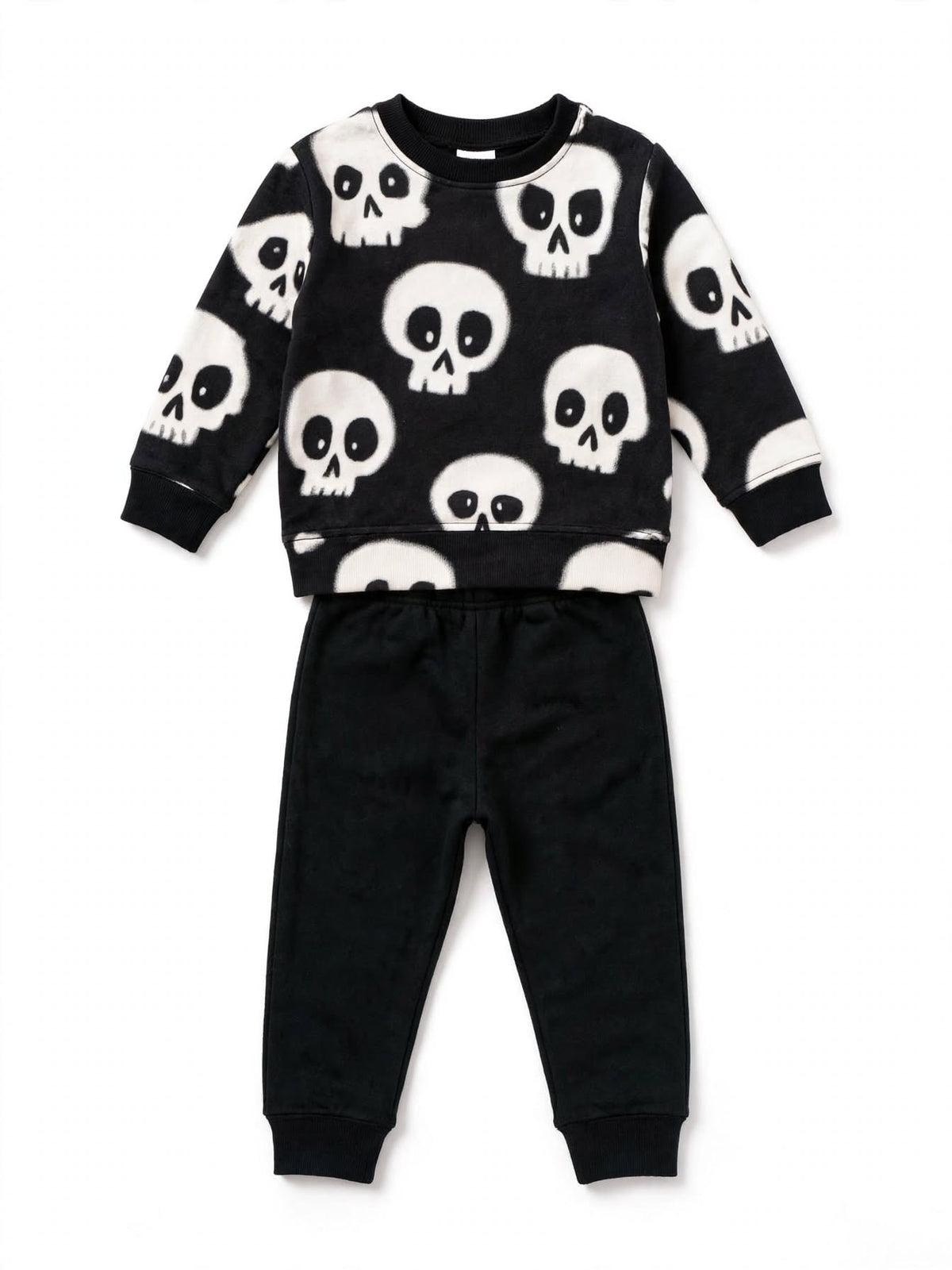 Black skull print fleece sweatshirt and jogger set for kids