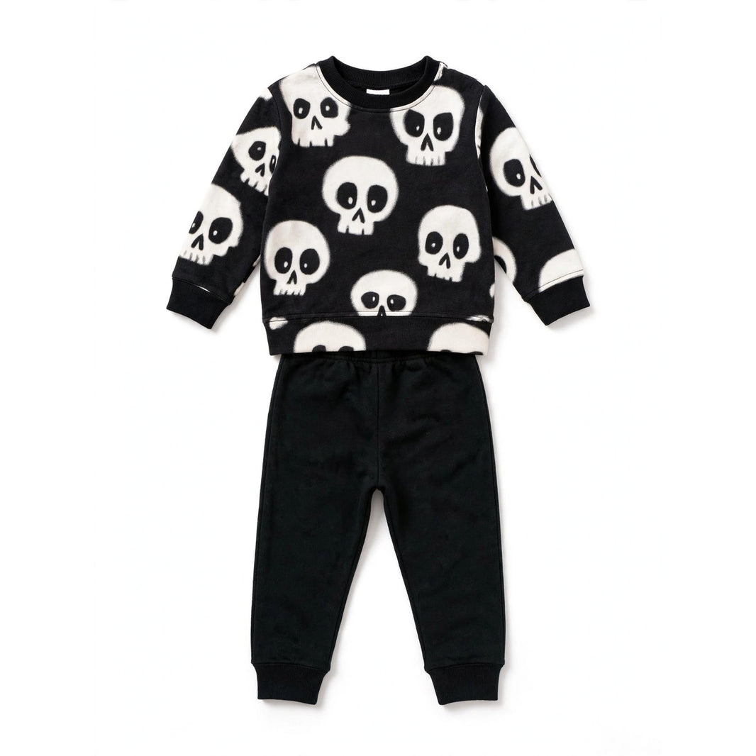 Skull Print Fleece Sweatshirt & Jogger Set – Black