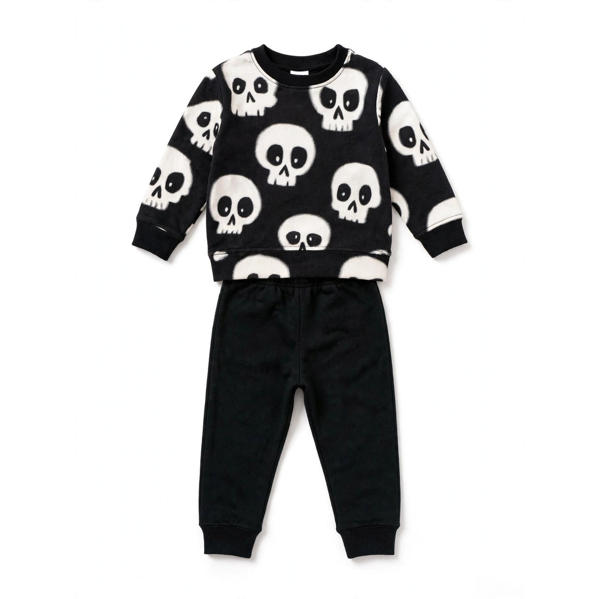 Skull Print Fleece Sweatshirt & Jogger Set – Black