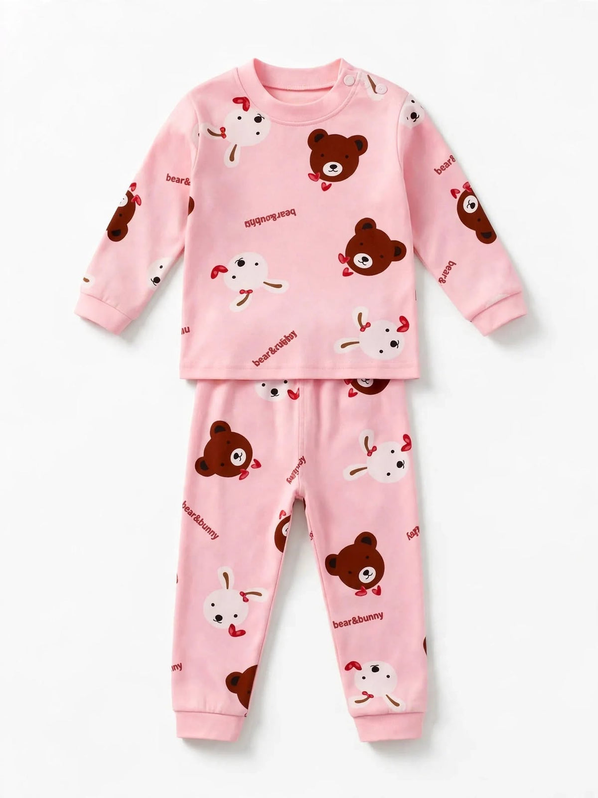 Pink bear and bunny print full sleeve top and pant set for kids