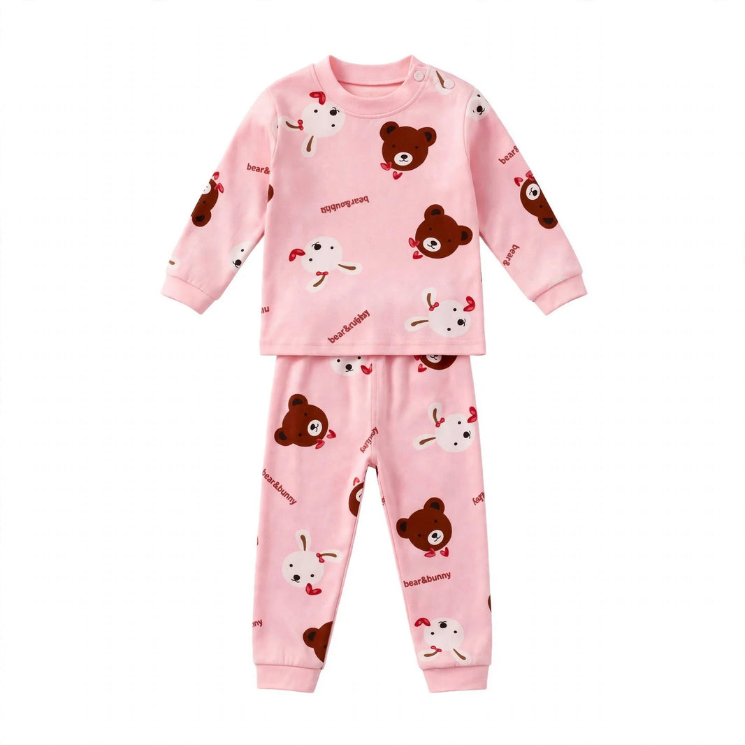 Bear & Bunny Print Full Sleeve Top & Pant Set – Pink