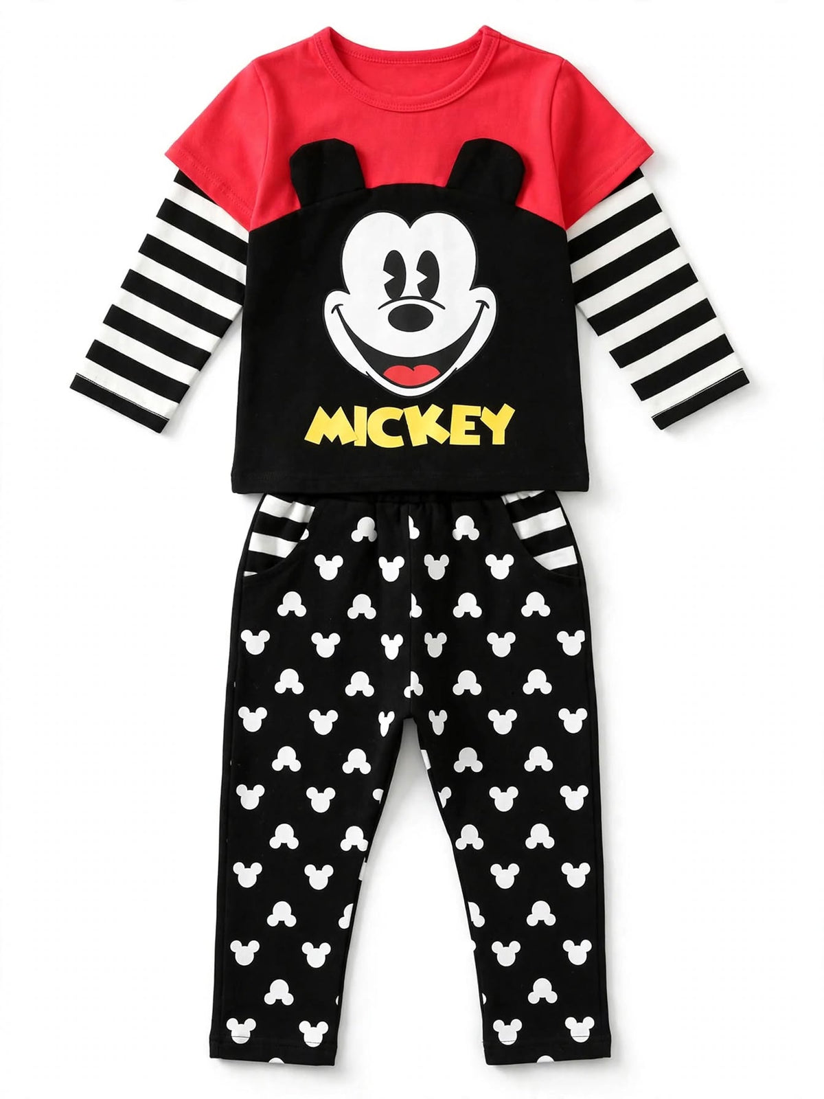 Red and black cartoon mouse layered sleeve tee and pant set for kids