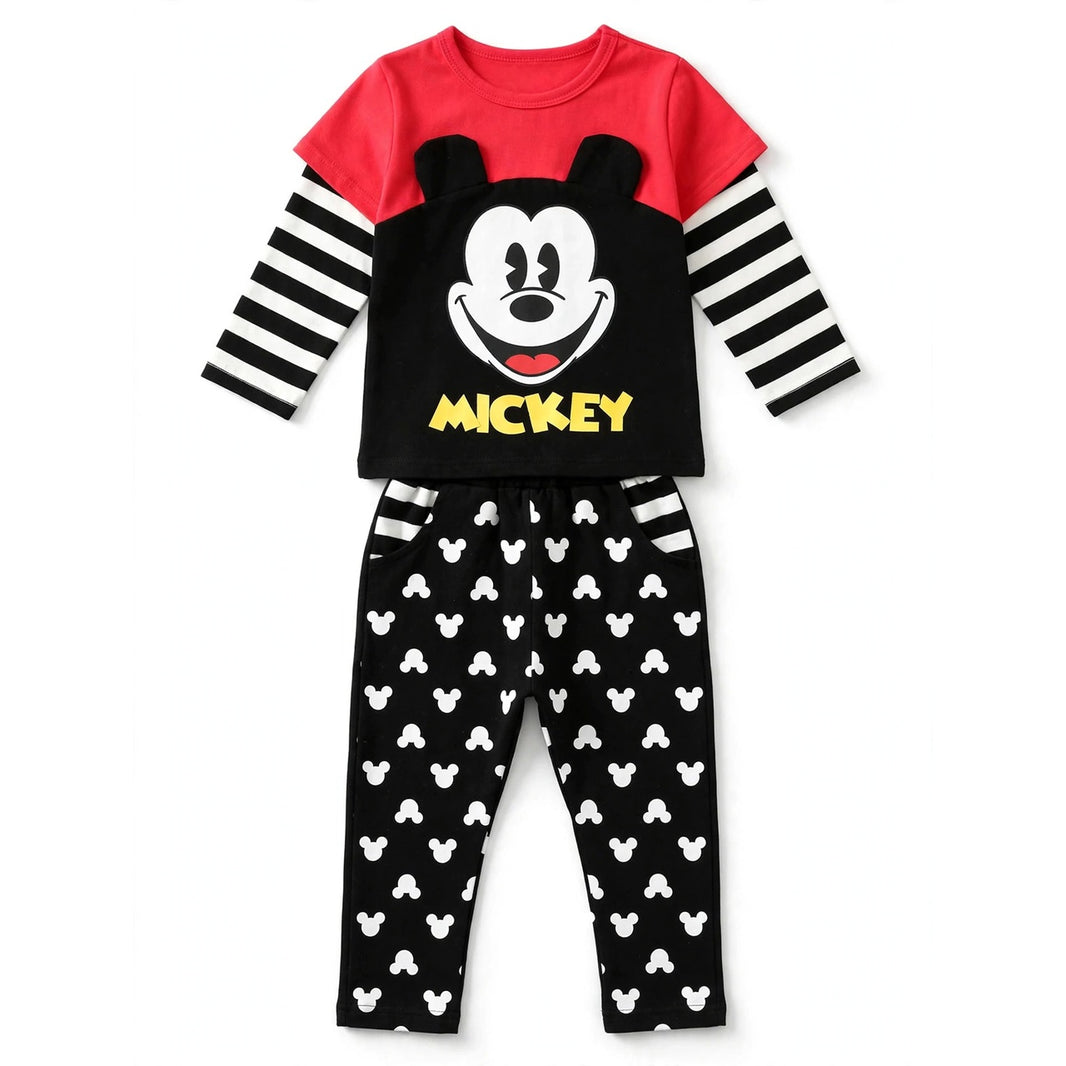 Cartoon Mouse Layered Sleeve Tee & Pant Set – Red/Black