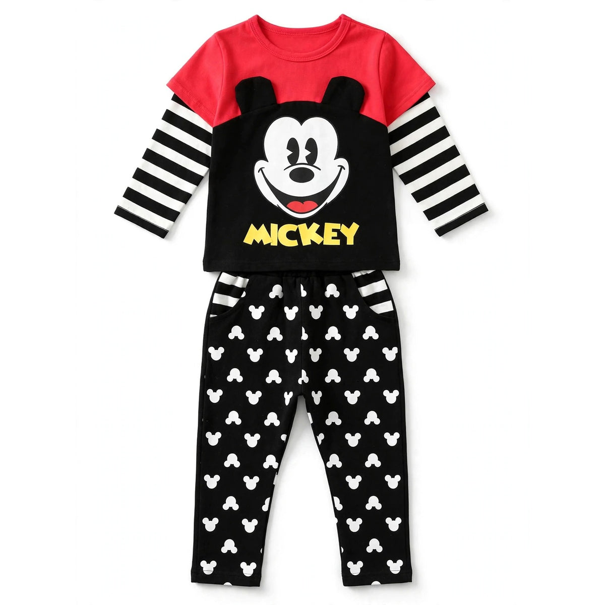 Cartoon Mouse Layered Sleeve Tee & Pant Set – Red/Black