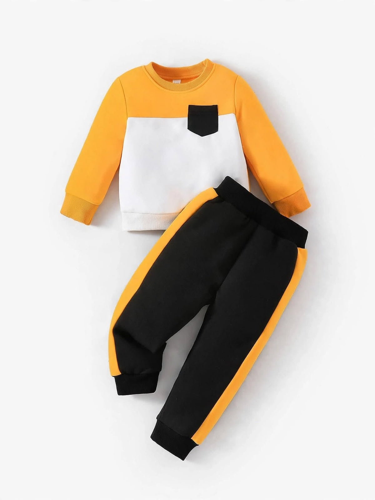 Yellow and white colour block pocket sweatshirt and jogger set for kids
