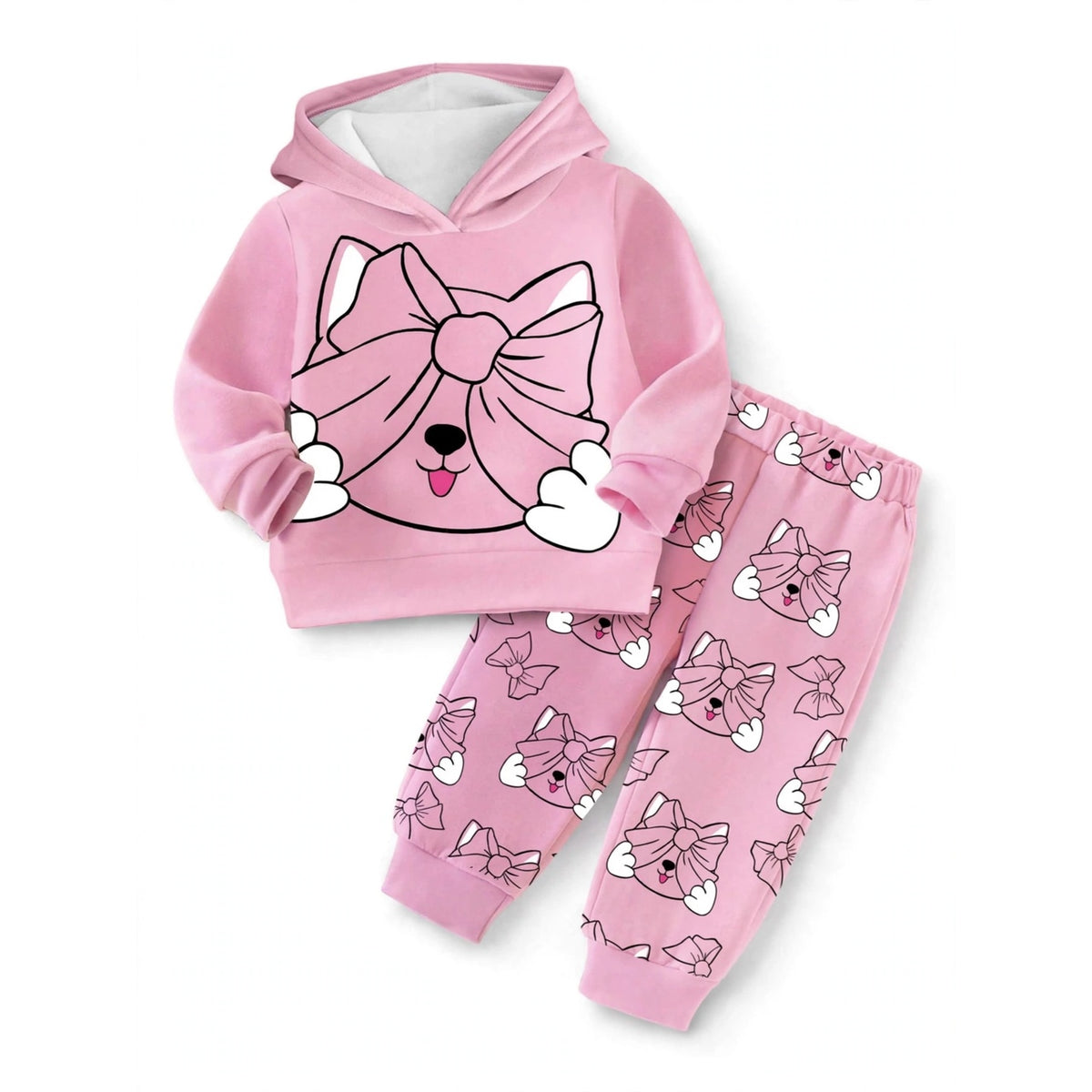 Bow Kitty Hoodie & Printed Jogger Set – Pink
