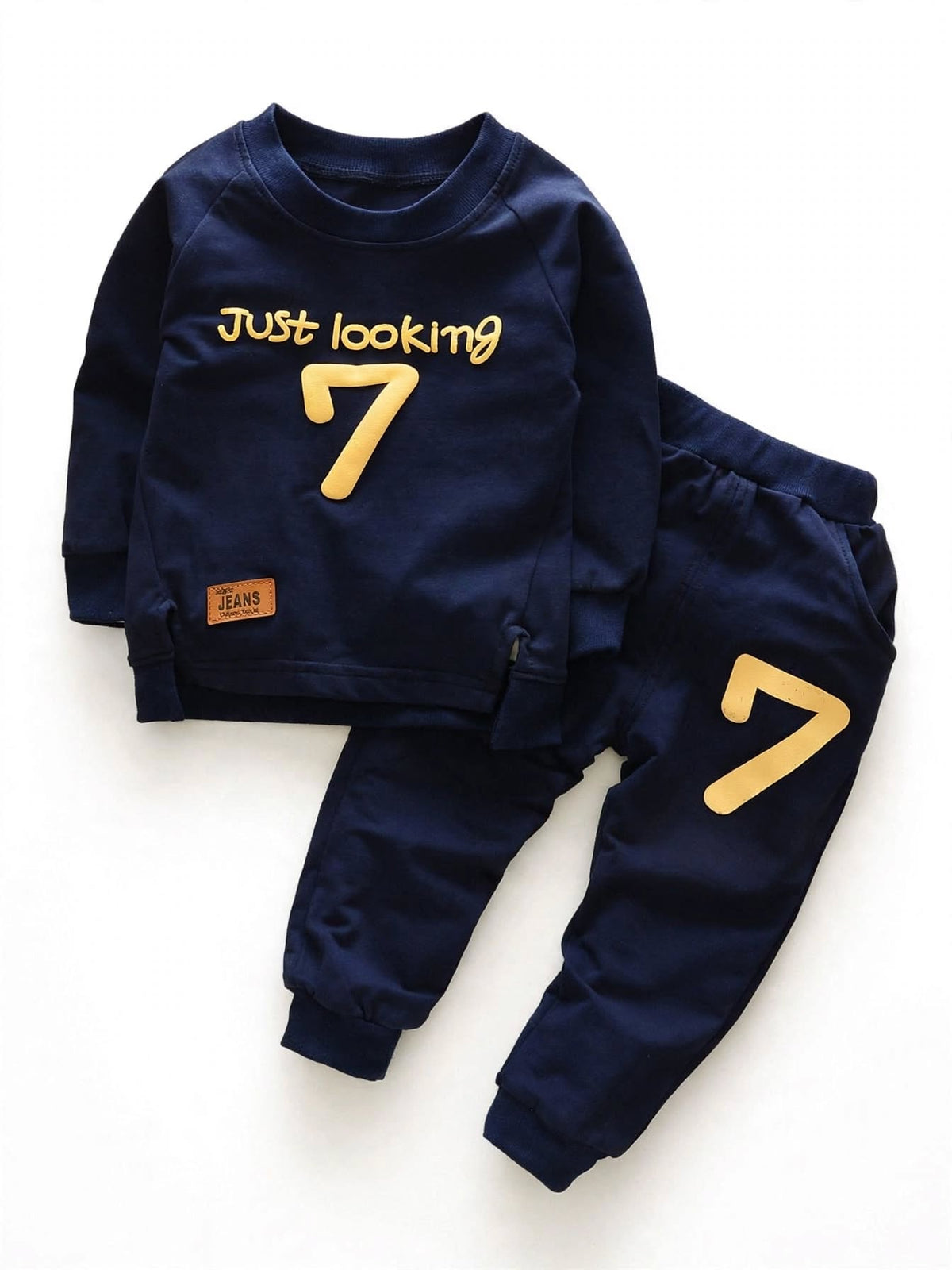 Navy cotton Just Looking 7 sweatshirt and jogger set for kids