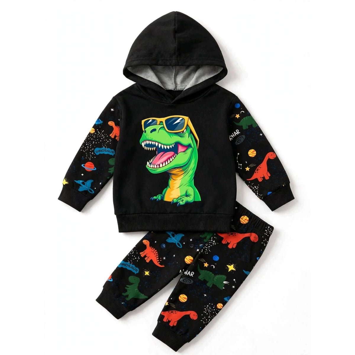 Dinosaur & Space Print Hoodie & Jogger Set – Black