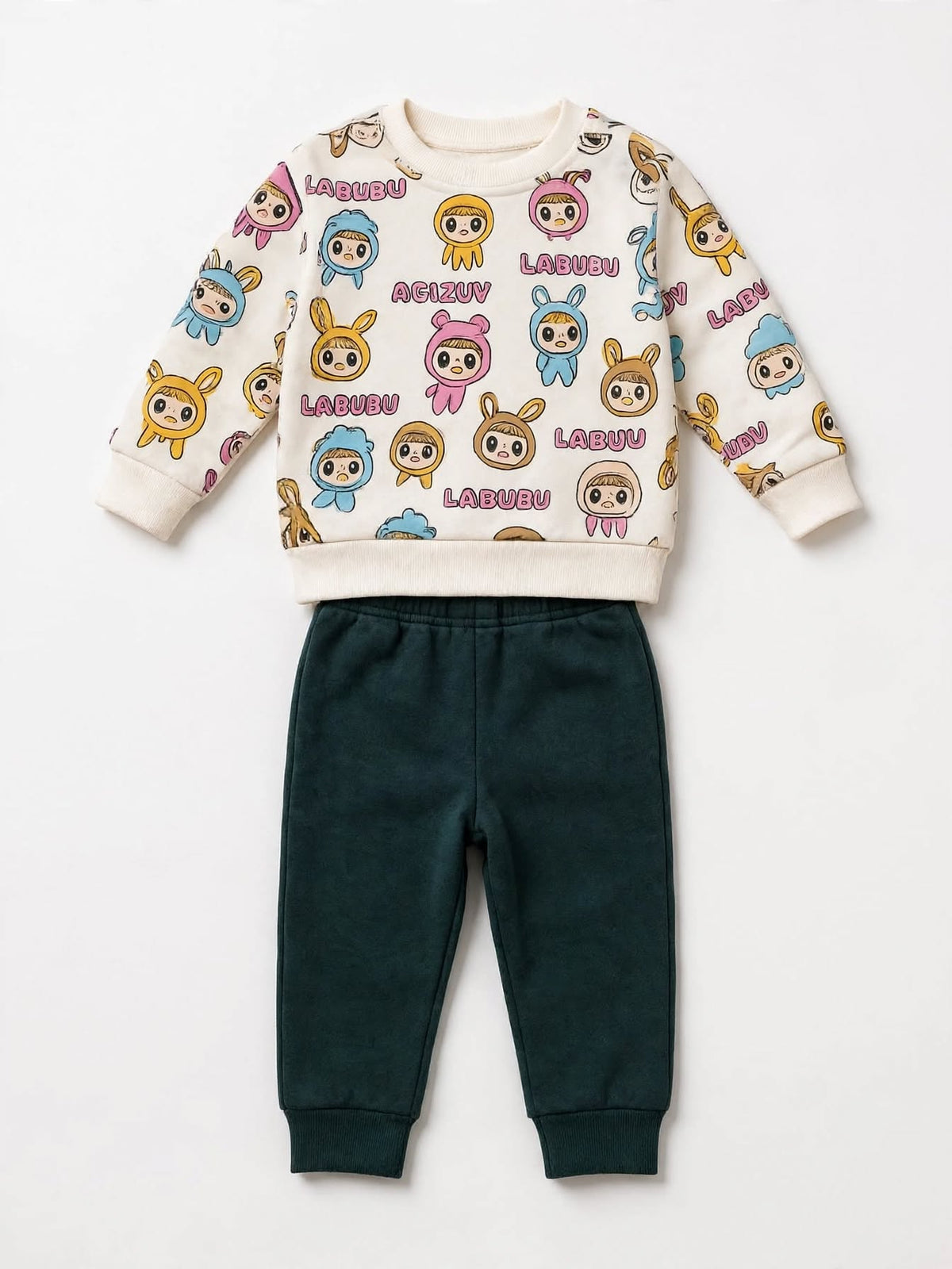 Cream and green cartoon doll print sweatshirt and jogger set for kids