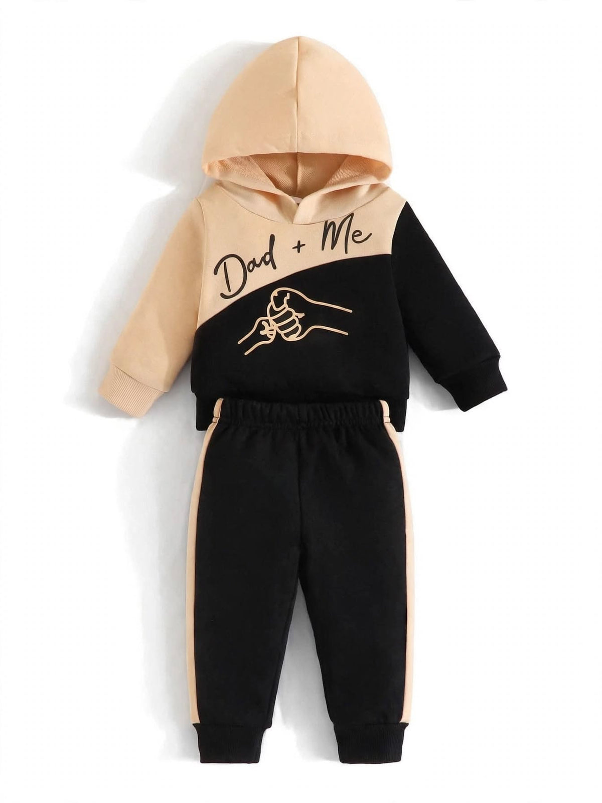 Beige and black Dad Plus Me colour block hoodie and jogger set for kids