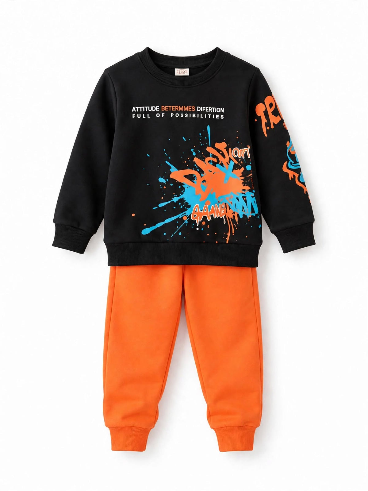 Black and orange graffiti print sweatshirt and jogger set for kids