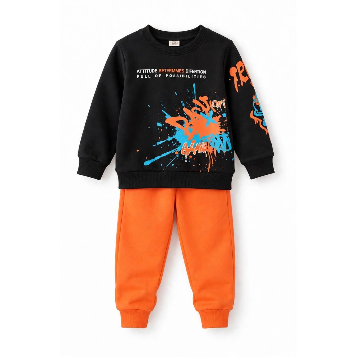 Graffiti Print Sweatshirt & Jogger Set – Black/Orange