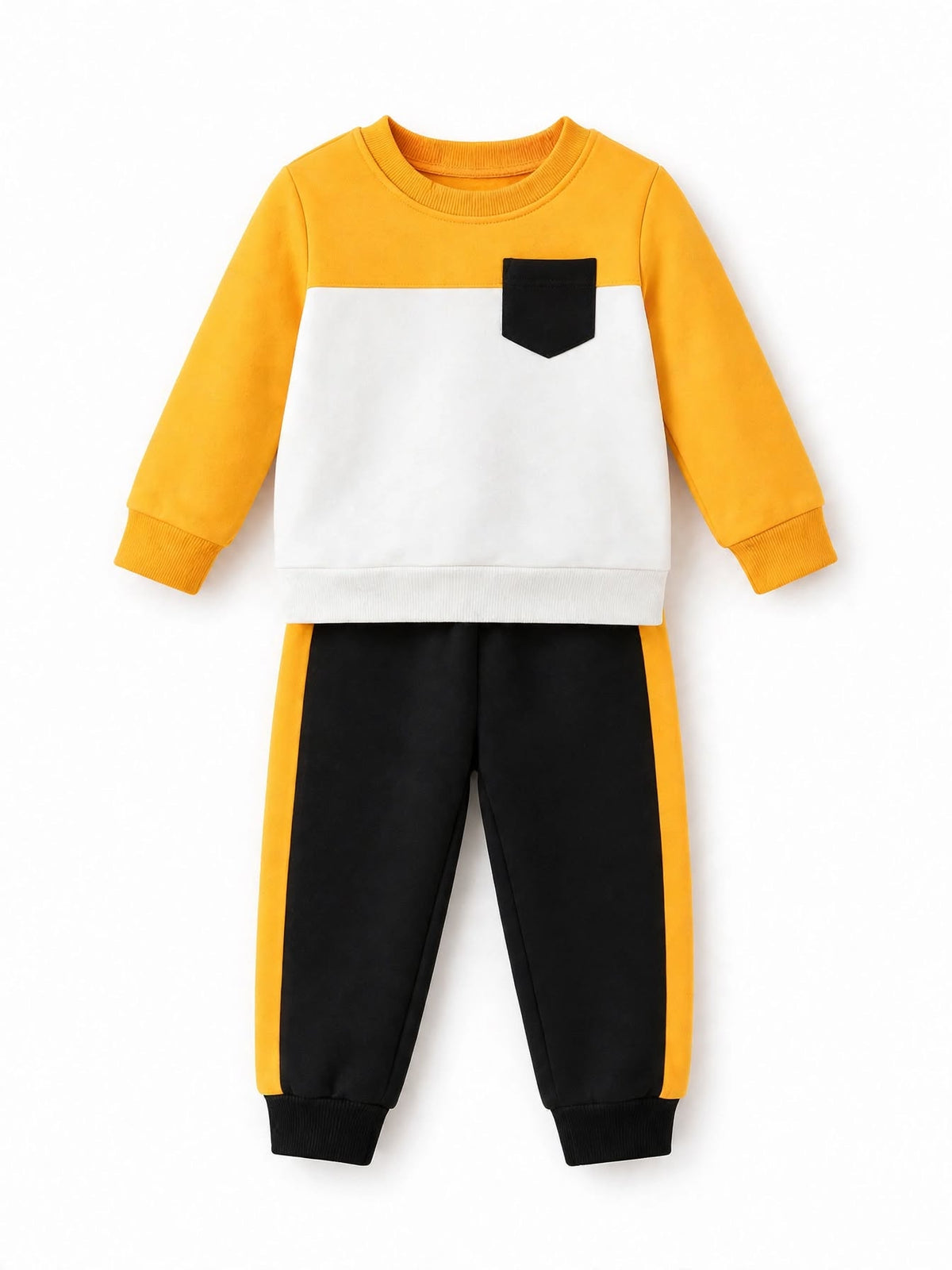 Mustard and white colour block pocket sweatshirt and jogger set for kids