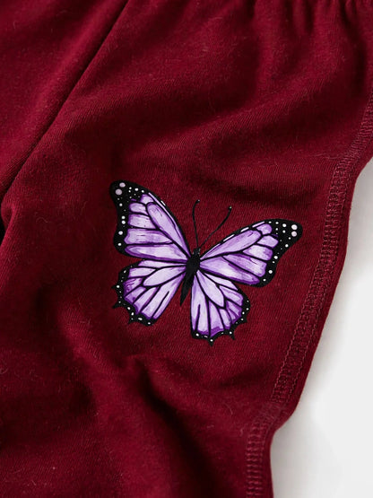 Girls Purple Butterfly & Floral Knot Top with Burgundy Leggings Set