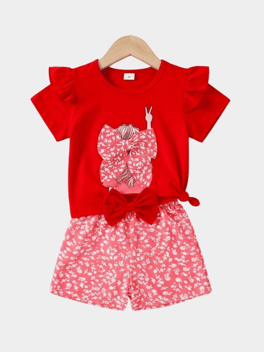 Red Girls T-shirt And Shorts Set - ChildrenGoods