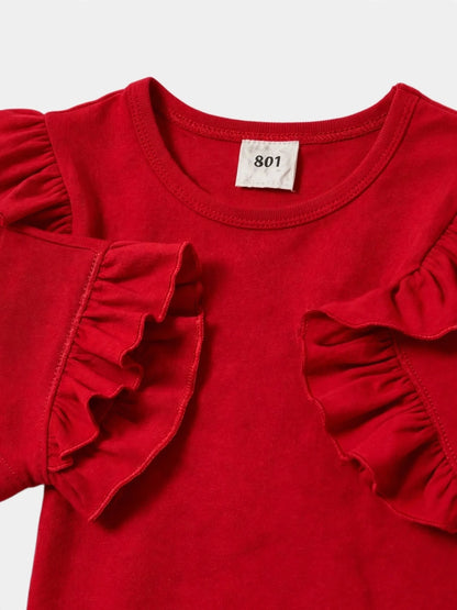 Girls Black Bow-Girl Ruffle Top & Burgundy Flare Pants Set
