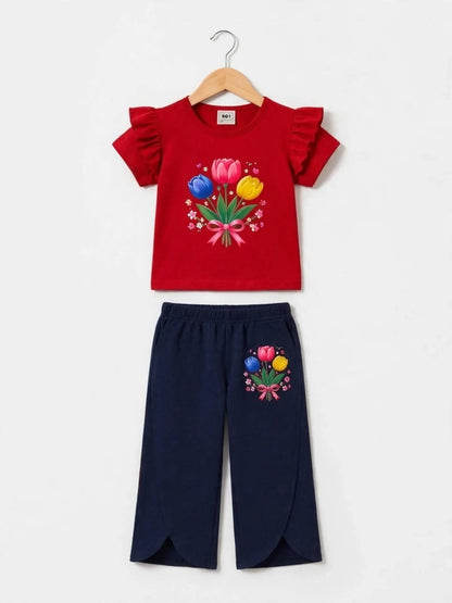 Girls Black Bow-Girl Ruffle Top & Burgundy Flare Pants Set